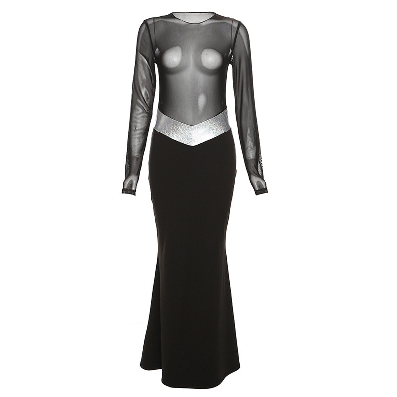 Fashion Black Mesh See-through Stitching Contrasting Color Dress