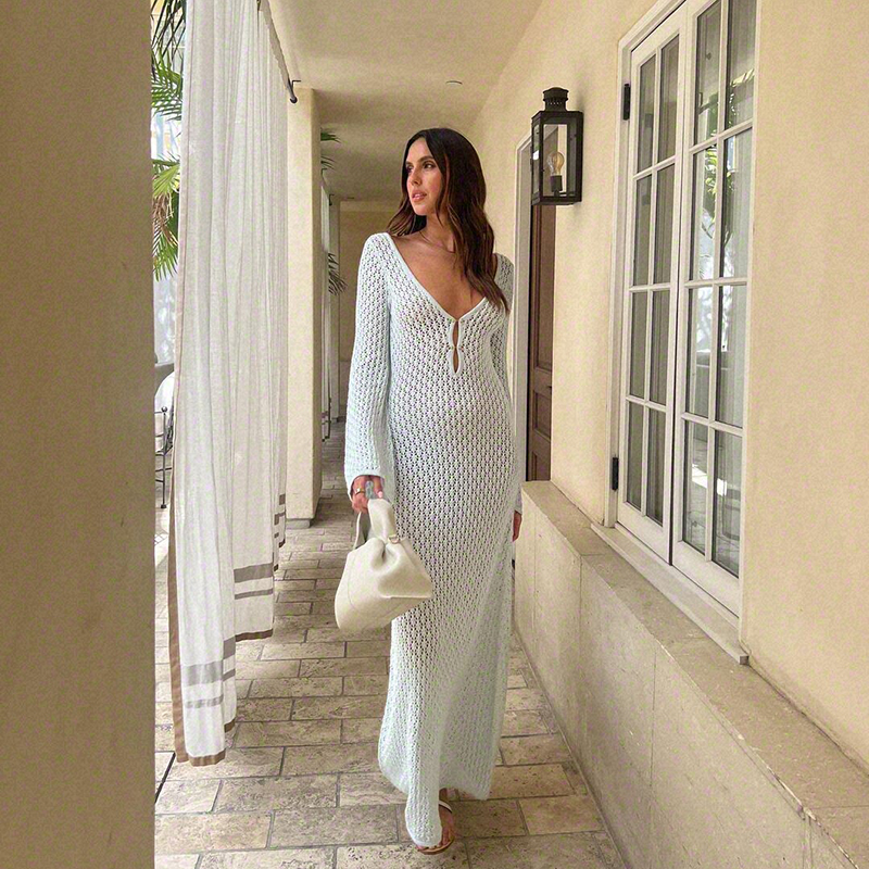 Fashion White Hollow Knitted Swimsuit Cover-up Maxi Skirt