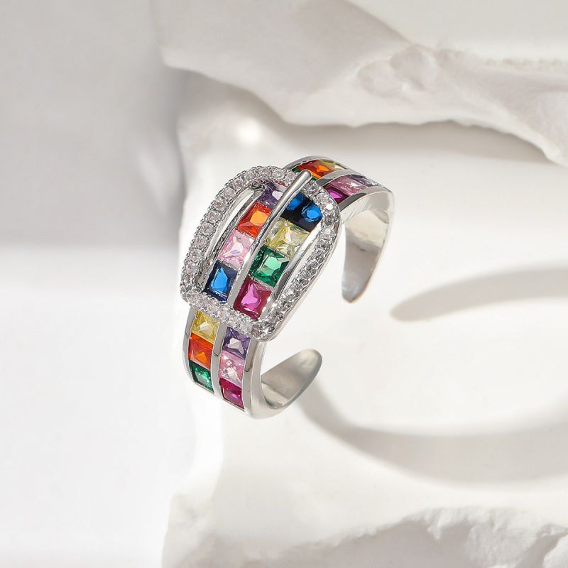 Fashion Fancy Colored Diamond Silver Copper Set Square Zirconium Ring