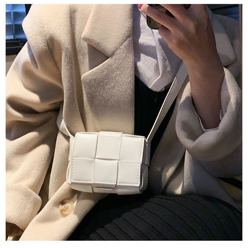 Fashion White Pu Checkered Woven Bag Wide Shoulder Strap Crossbody Bag