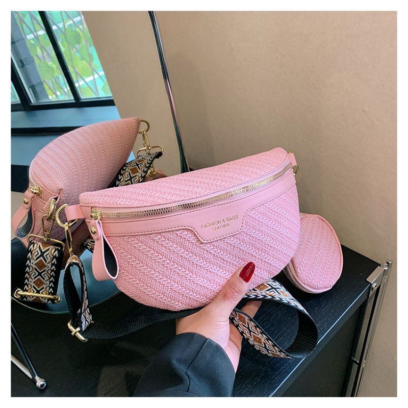 Fashion Pink Pu Woven Large Capacity Crossbody Bag