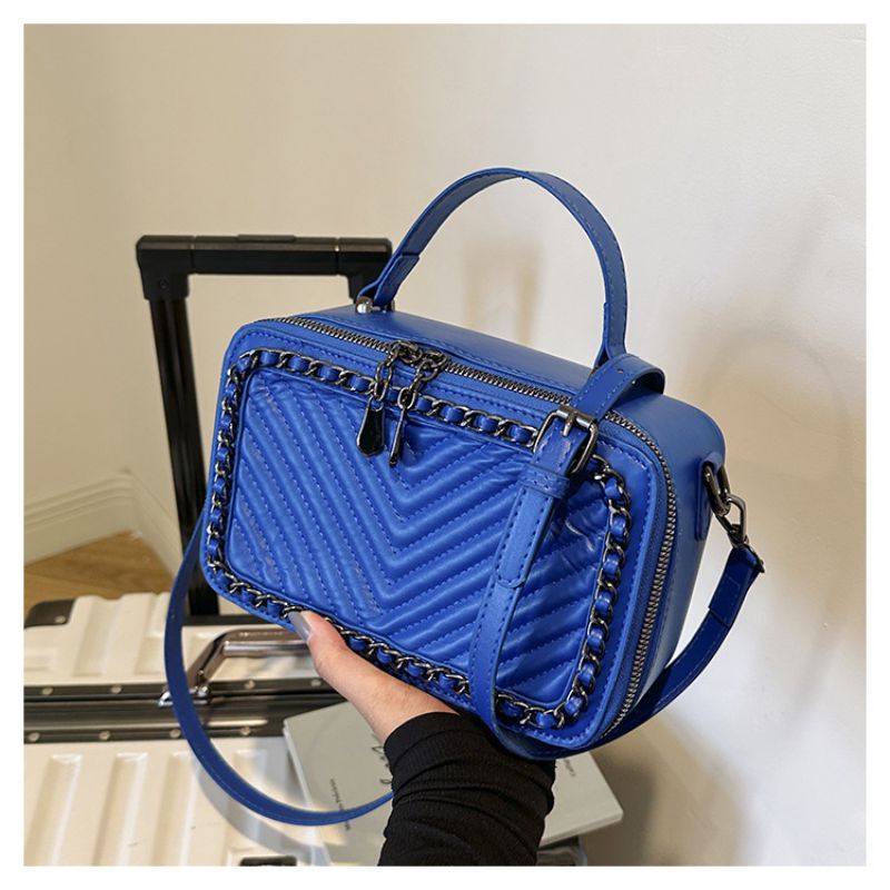 Fashion Blue Pu Embroidery Square Crossbody Bag