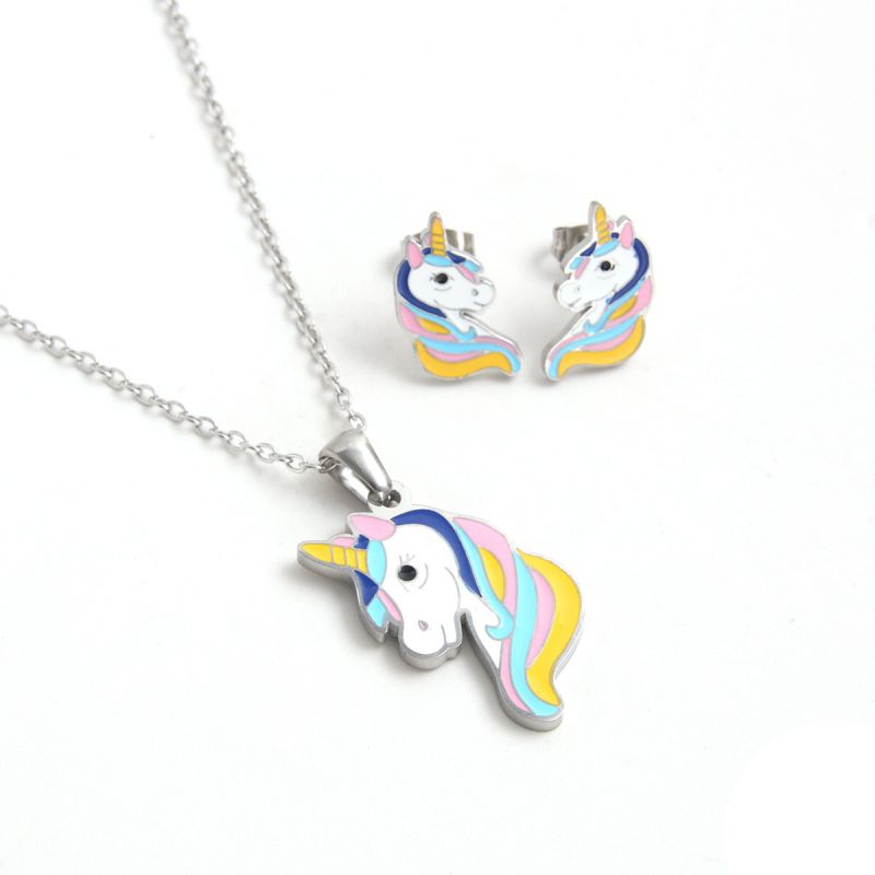 Fashion Silver Stainless Steel Gold Plated Colorful Oil Dripping Unicorn Necklace And Earrings Set