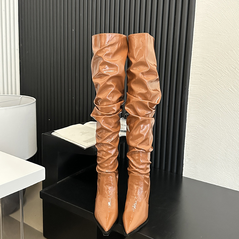 Fashion Brown Pointed Toe Pleated High Boots