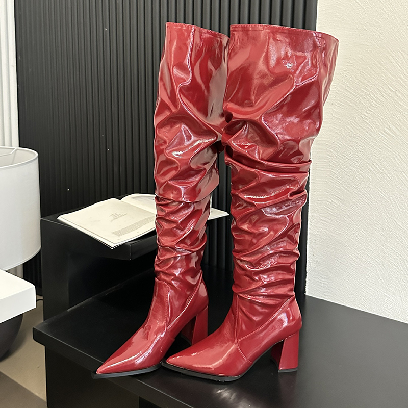 Fashion Red Pointed Toe Pleated High Boots