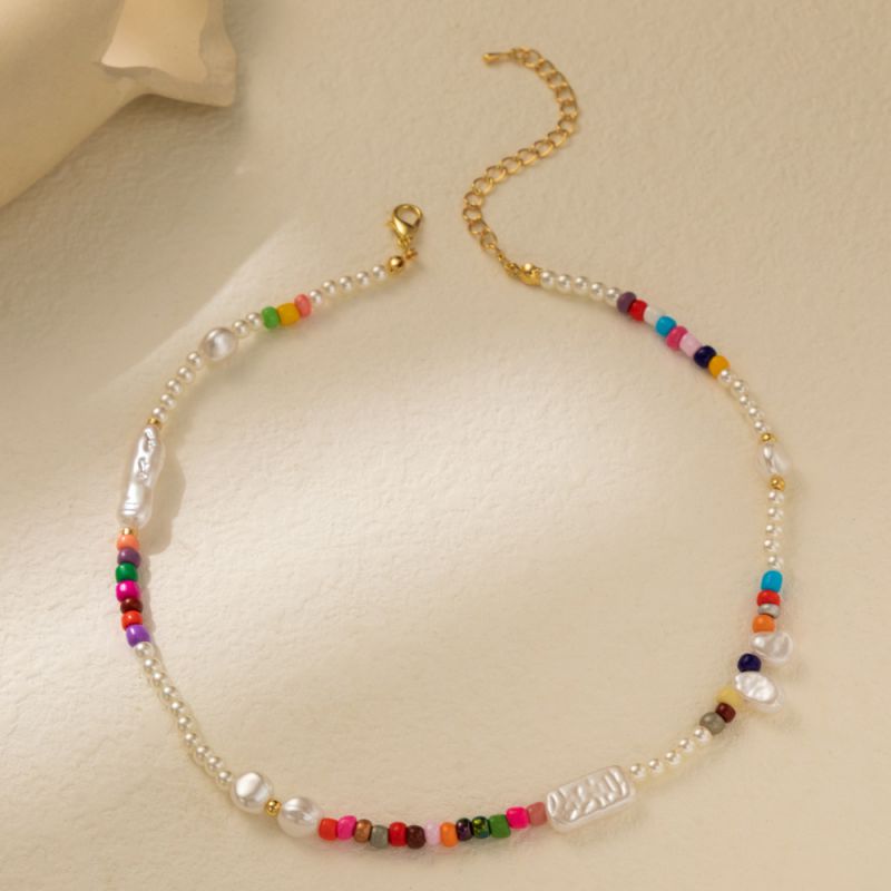 Fashion Gold Colorful Rice Beads Pearl Bead Necklace