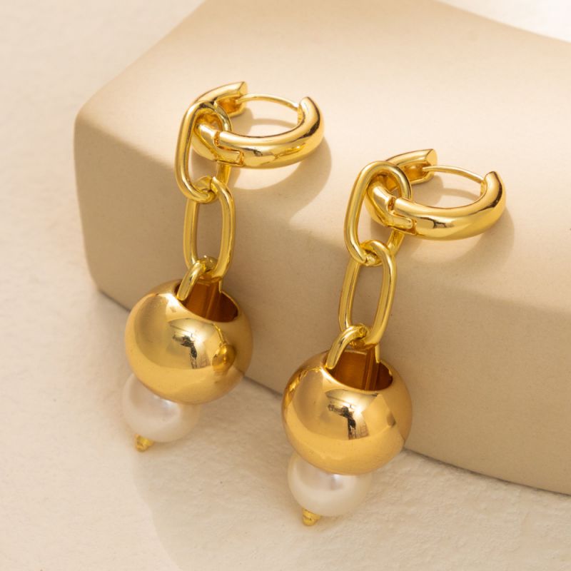 Fashion Gold Alloy Round Bead Imitation Pearl Earrings