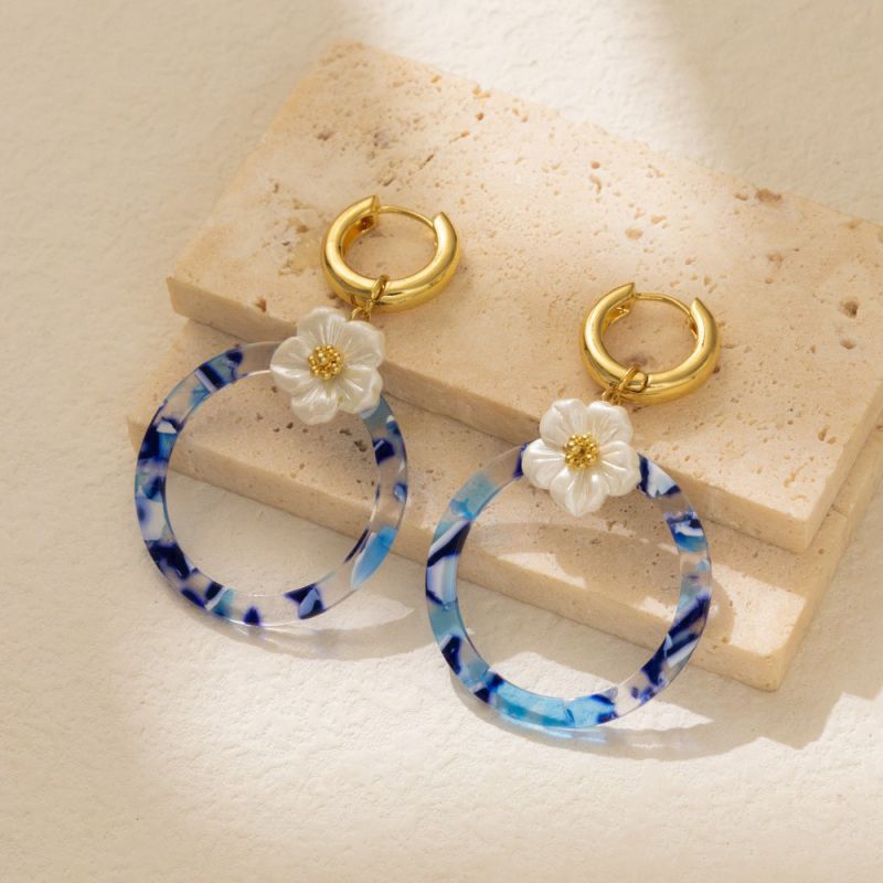 Fashion Blue Resin Flower Patchwork Circle Earrings