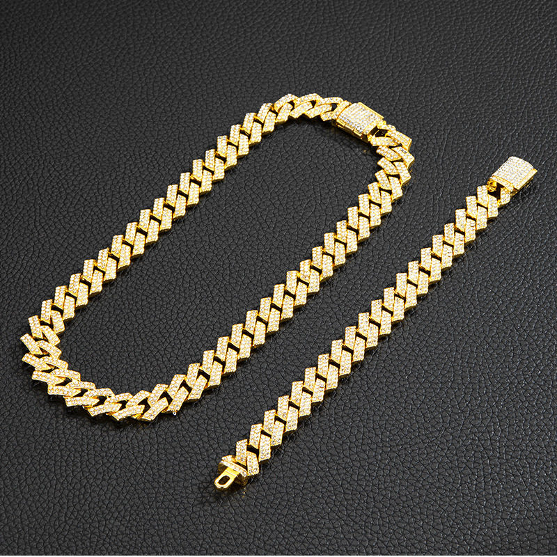 Fashion Gold 8inch Bracelet + 24inch Necklace Alloy Diamond Chain Mens Necklace Bracelet Set