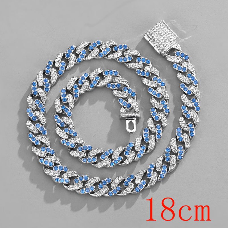 Fashion Bracelet 7inch (18cm) 11mm White And Blue Cuban Chain Alloy Diamond Chain Mens Bracelet