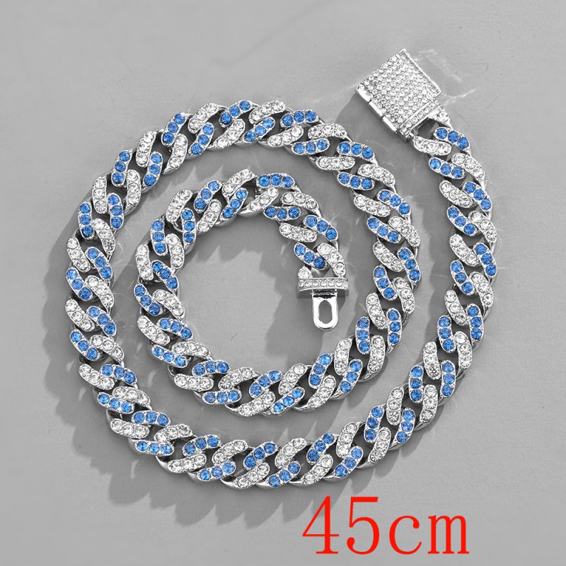 Fashion Necklace 18inch (45cm) 11mm White And Blue Cuban Chain Alloy Diamond Chain Necklace For Men