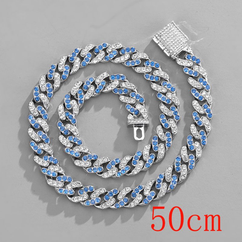 Fashion Necklace 20inch (50cm) 11mm White And Blue Cuban Chain Alloy Diamond Chain Necklace For Men