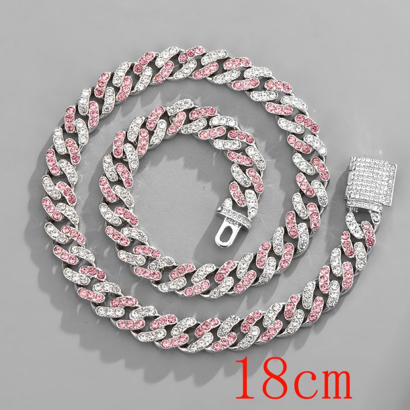 Fashion Bracelet 7inch (18cm) 11mm Pink And White Cuban Chain Alloy Diamond Chain Mens Bracelet