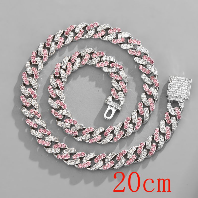 Fashion Bracelet 8inch (20cm) 11mm Pink And White Cuban Chain Alloy Diamond Chain Mens Bracelet