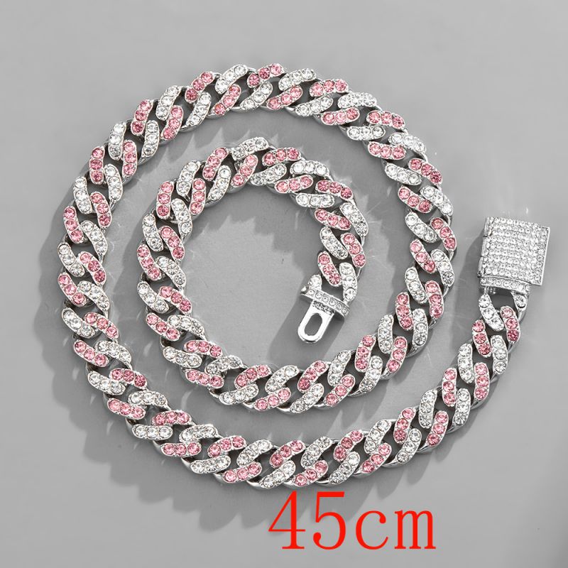 Fashion Necklace 18inch (45cm) 11mm Pink And White Cuban Chain Alloy Diamond Chain Necklace For Men