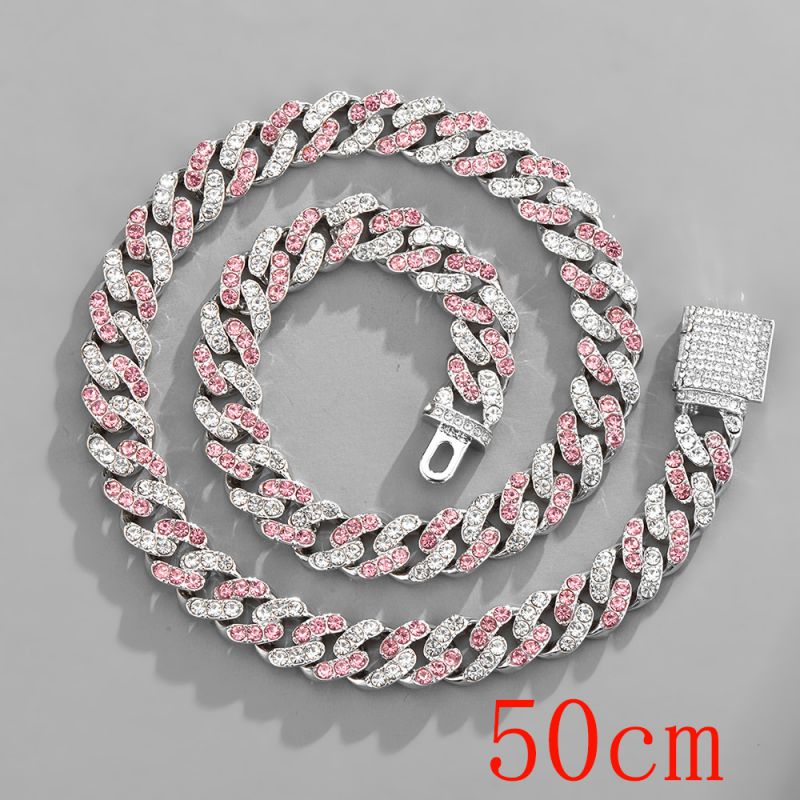 Fashion Necklace 20inch (50cm) 11mm Pink And White Cuban Chain Alloy Diamond Chain Necklace For Men
