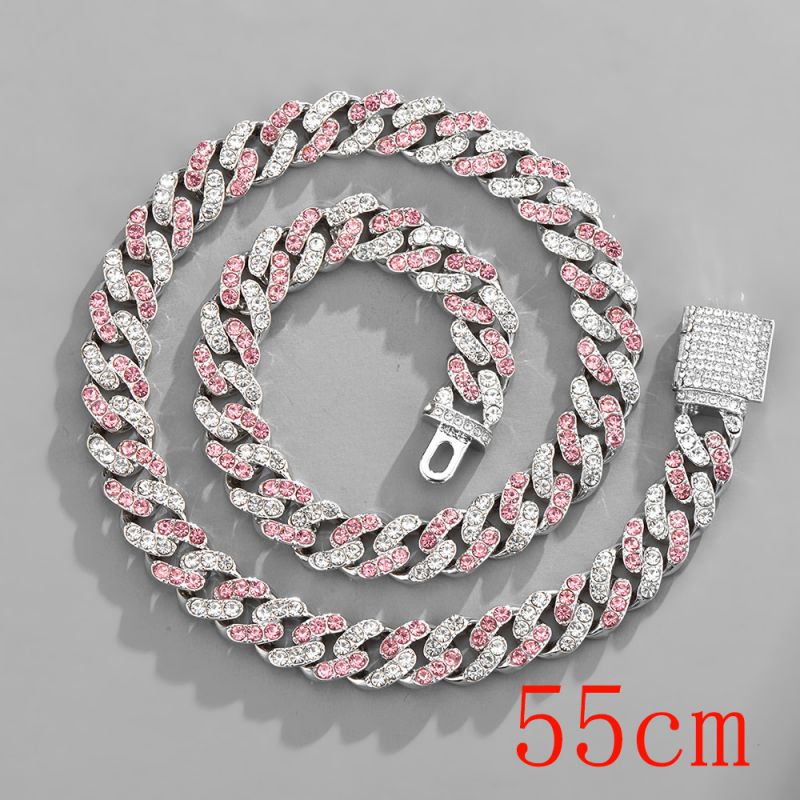 Fashion Necklace 22inch (55cm) 11mm Pink And White Cuban Chain Alloy Diamond Chain Necklace For Men