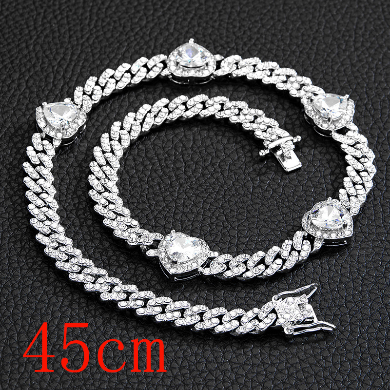 Fashion Necklace 18inch (45cm)-5 Hearts Silver White Zirconium Necklace Alloy Diamond Love Mens Necklace