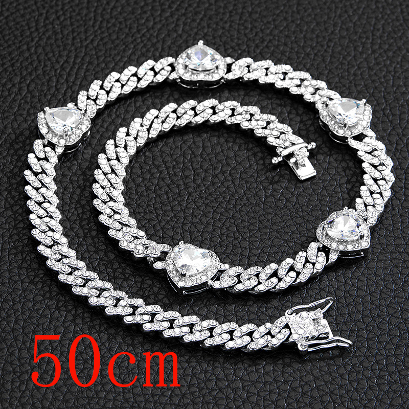 Fashion Necklace 20inch (50cm)-5 Hearts Silver White Zirconium Necklace Alloy Diamond Love Mens Necklace