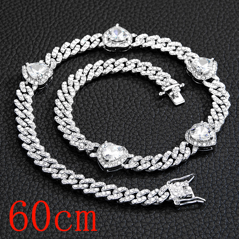 Fashion Necklace 24inch (60cm)-5 Hearts Silver White Zirconium Necklace Alloy Diamond Love Mens Necklace
