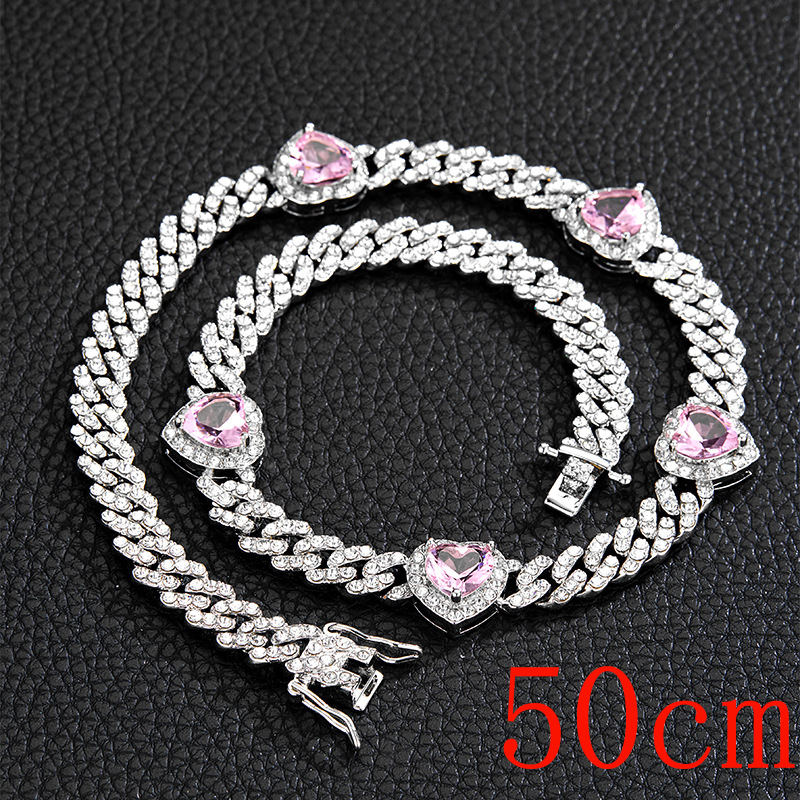 Fashion Necklace 20inch (50cm)-5 Hearts Silver Pink Zirconium Necklace Alloy Diamond Love Mens Necklace