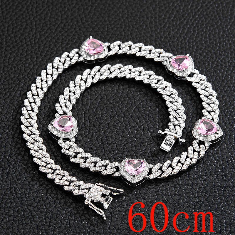 Fashion Necklace 24inch (60cm)-5 Hearts Silver Pink Zirconium Necklace Alloy Diamond Love Mens Necklace