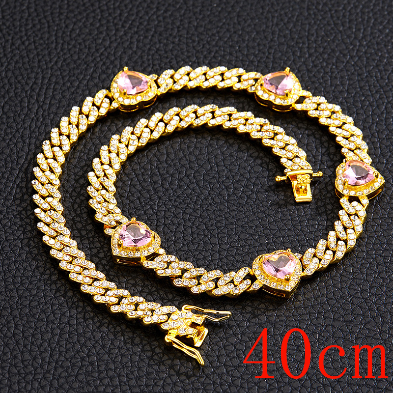 Fashion Necklace 16inch (40cm)-5 Hearts Golden Pink Zirconium Necklace Alloy Diamond Love Mens Necklace
