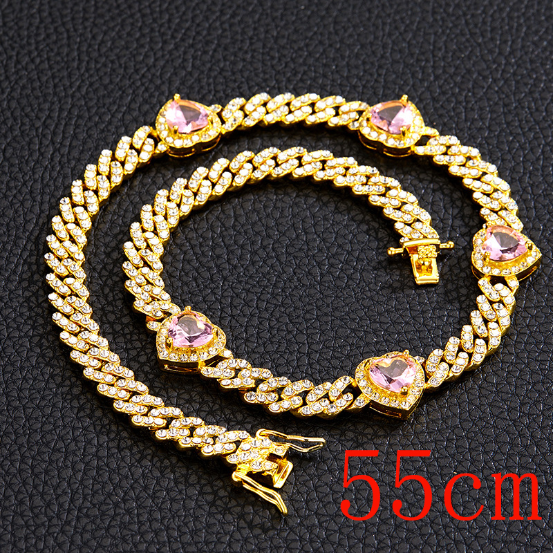 Fashion Necklace 22inch (55cm)-5 Hearts Golden Pink Zirconium Necklace Alloy Diamond Love Mens Necklace