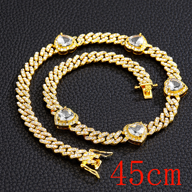 Fashion Necklace 18inch (45cm)-5 Hearts Golden White Zirconium Necklace Alloy Diamond Love Mens Necklace