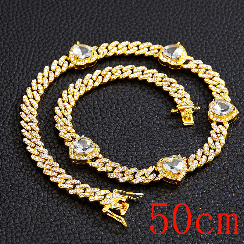 Fashion Necklace 20inch (50cm)-5 Hearts Golden White Zirconium Necklace Alloy Diamond Love Mens Necklace