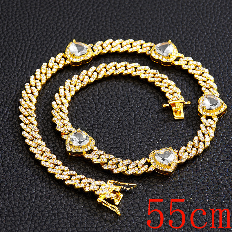 Fashion Necklace 22inch (55cm)-5 Hearts Golden White Zirconium Necklace Alloy Diamond Love Mens Necklace