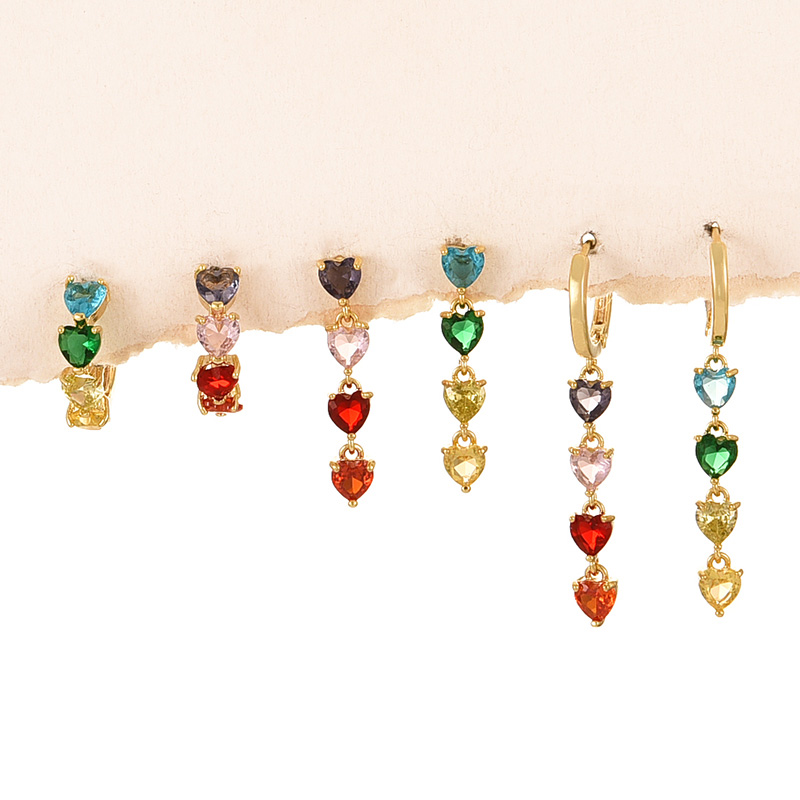 Fashion Color Copper Inlaid Zirconium Contrasting Color Love Pendant Earrings Set Of 6