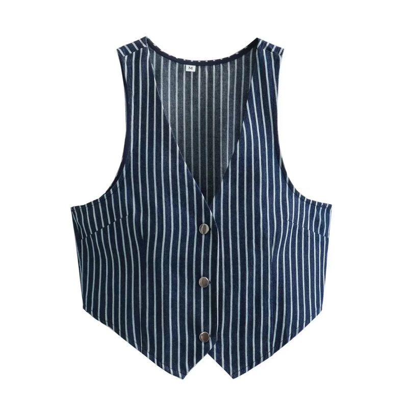 Fashion Blue Polyester Striped Buttoned Vest