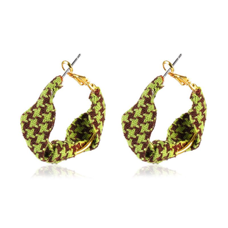 Fashion Green Plaid Fabric Houndstooth Round Earrings