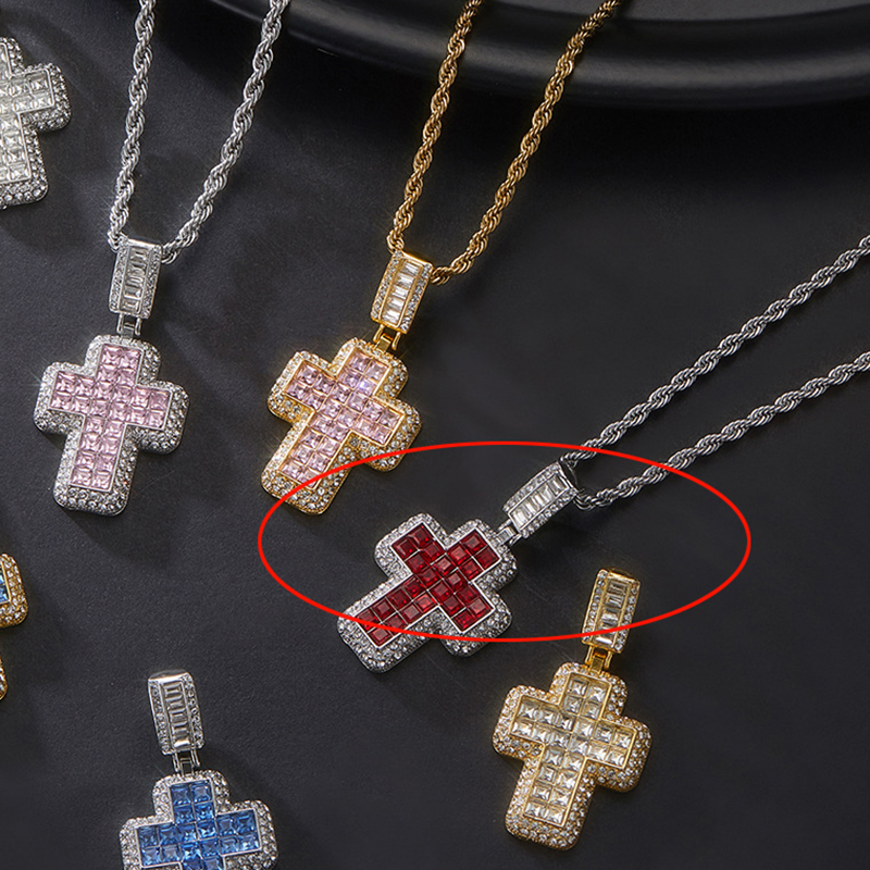Fashion Silver Red Pendant + 50cm Twist Alloy Diamond Cross Mens Necklace