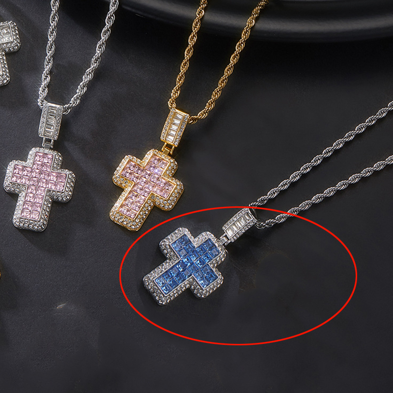 Fashion Silver Blue Pendant + 50cm Twist Alloy Diamond Cross Mens Necklace