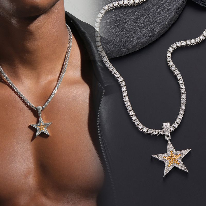 Fashion Silver Five-pointed Star + 50cm Tennis Chain Alloy Diamond Pentagram Mens Necklace