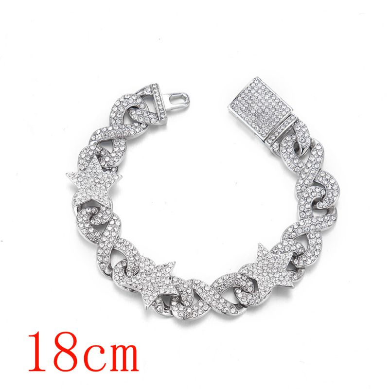 Fashion Bracelet 7inch (18cm) Silver Full Diamond 8-character Cuban Chain-141 Alloy Diamond Chain Five-pointed Star Bracelet