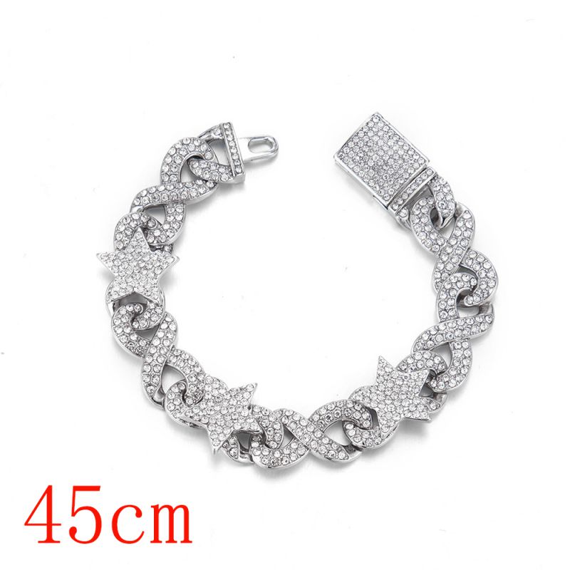 Fashion Necklace 18inch (45cm) Silver Full Diamond 8-character Cuban Chain-141 Alloy Diamond Chain Five-pointed Star Necklace