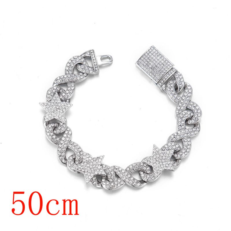 Fashion Necklace 20inch (50cm) Silver Full Diamond 8-character Cuban Chain-141 Alloy Diamond Chain Five-pointed Star Necklace