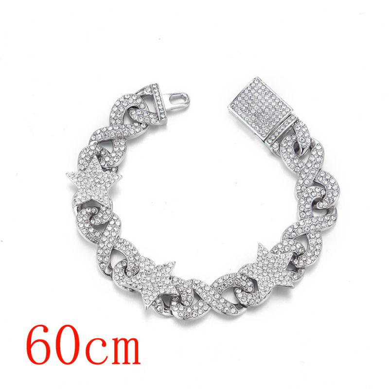 Fashion Necklace 24inch (60cm) Silver Full Diamond 8-character Cuban Chain-141 Alloy Diamond Chain Five-pointed Star Necklace