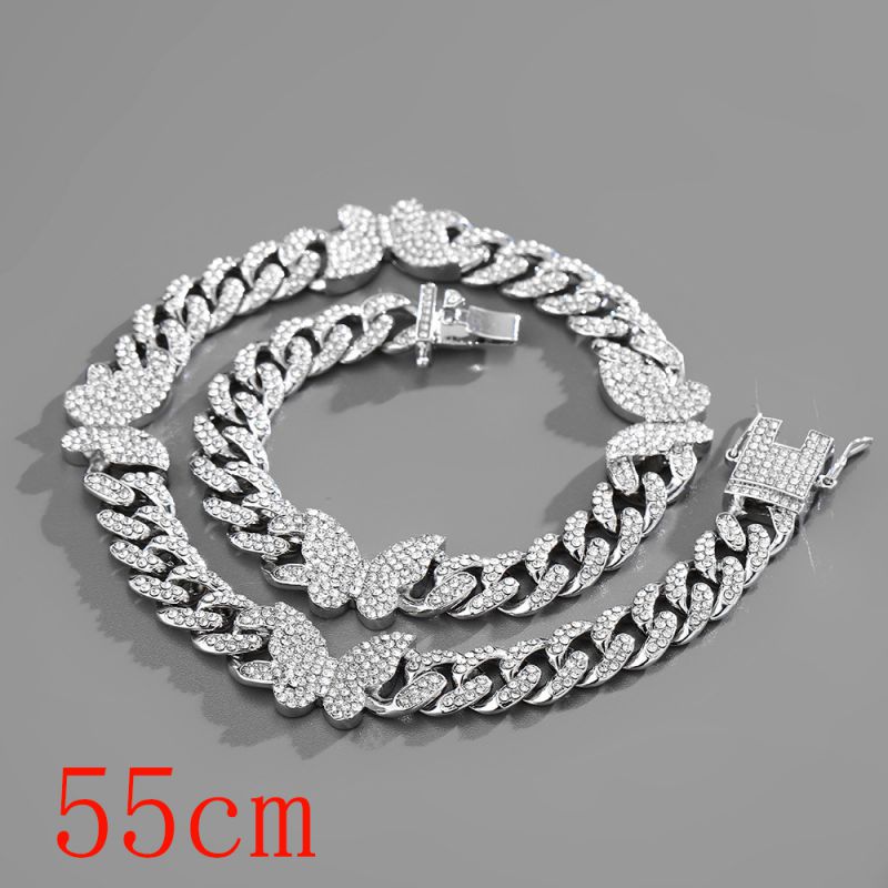 Fashion Necklace 22inch (55cm) Silver Butterfly Cuban Chain-142 Alloy Diamond Chain Five-pointed Star Necklace