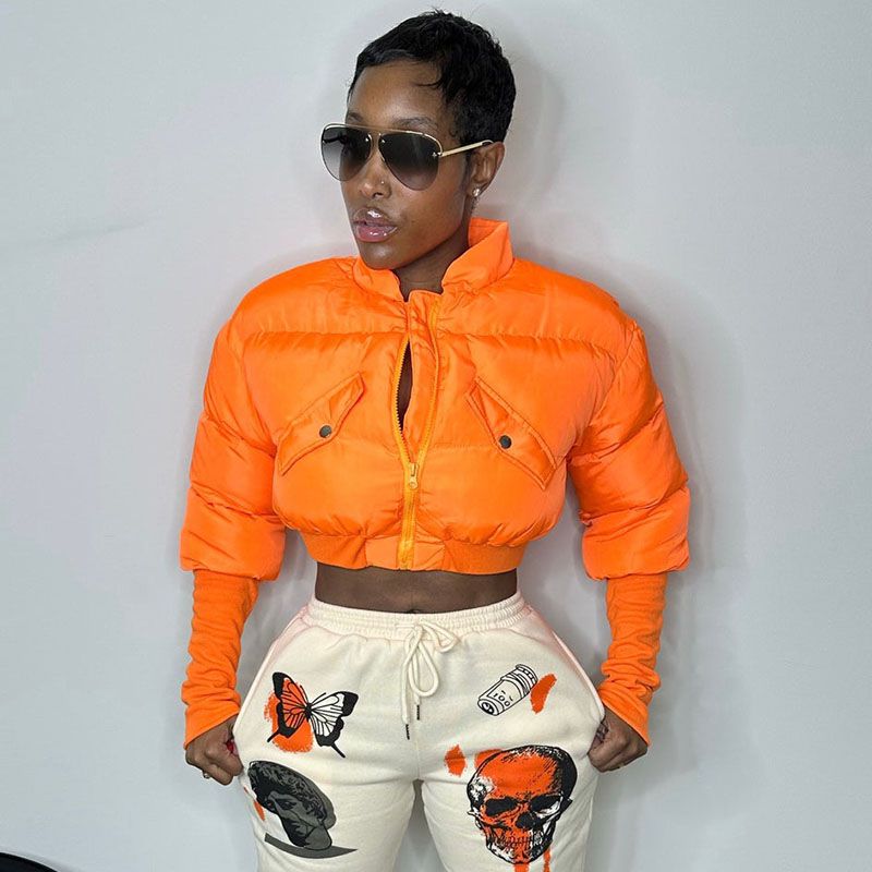 Fashion Orange Color Stand Collar Zipper Cotton Jacket