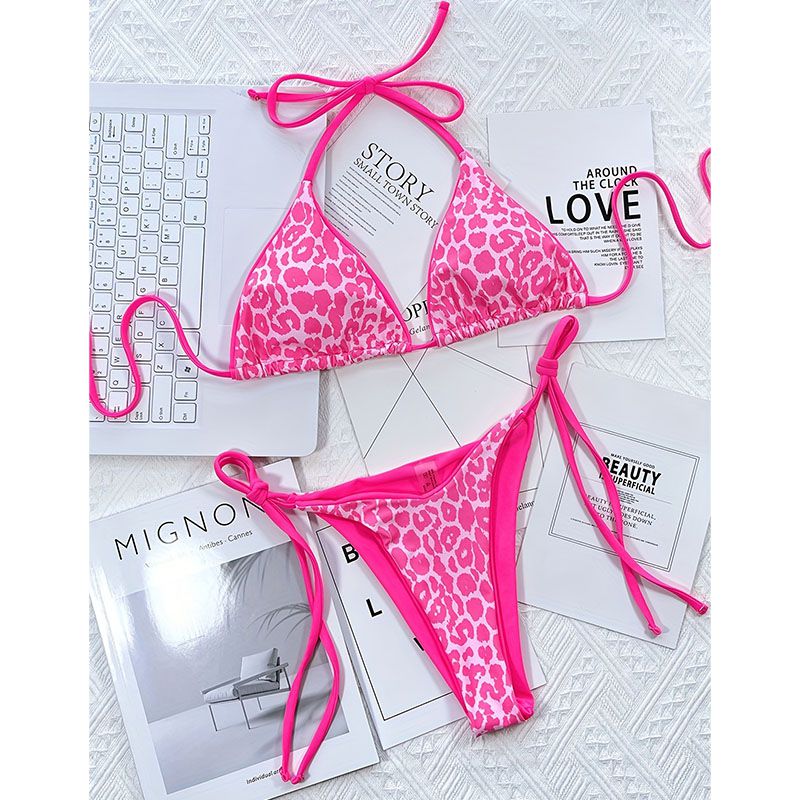 Fashion Pink Leopard Print Nylon Leopard Print Halter Neck Tankini Swimsuit Bikini