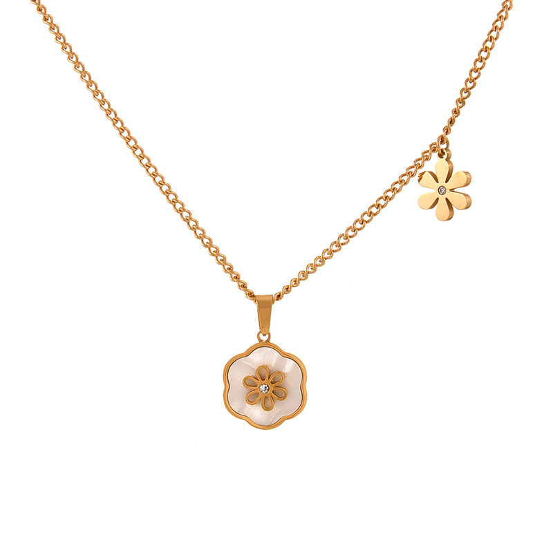 Fashion Gold Titanium Steel Inlaid Zirconium Shell Flower Pendant Necklace