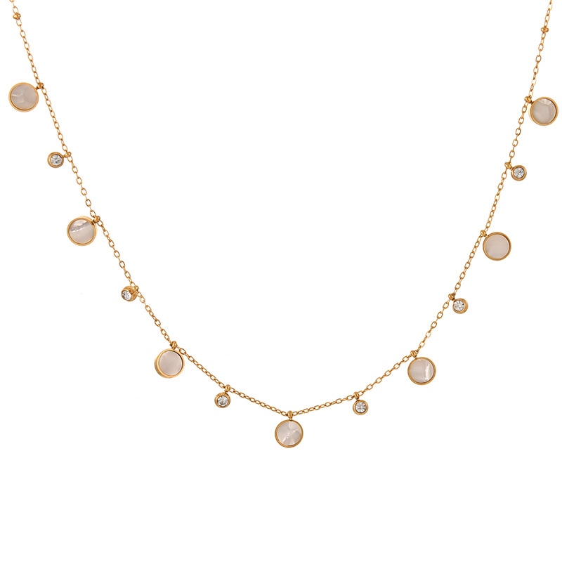 Fashion Gold Titanium Steel Inlaid Zirconium Shell Round Pendant Necklace