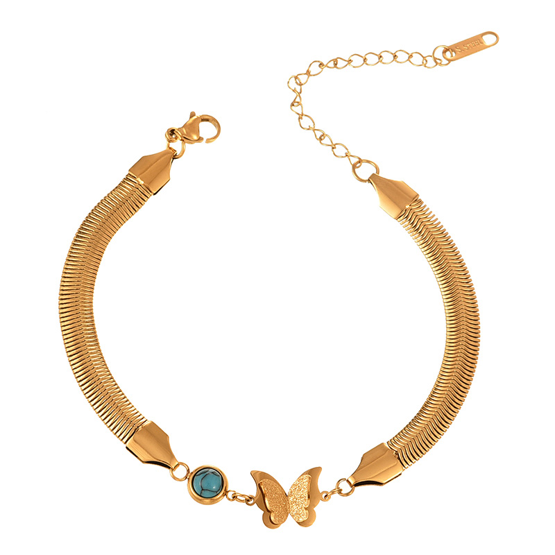 Fashion Golden 2 Titanium Steel Inlaid With Zirconium Sequin Butterfly Pendant Round Turquoise Snake Bone Chain Bracelet