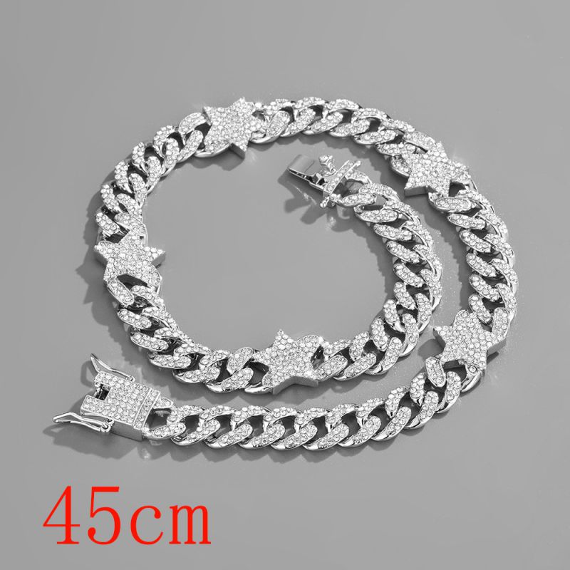 Fashion Necklace 18inch (45cm) Silver Star Cuban Chain-144 Alloy Diamond Chain Five-pointed Star Necklace