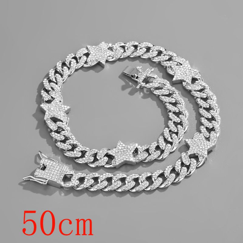 Fashion Necklace 20inch (50cm) Silver Star Cuban Chain-144 Alloy Diamond Chain Five-pointed Star Necklace