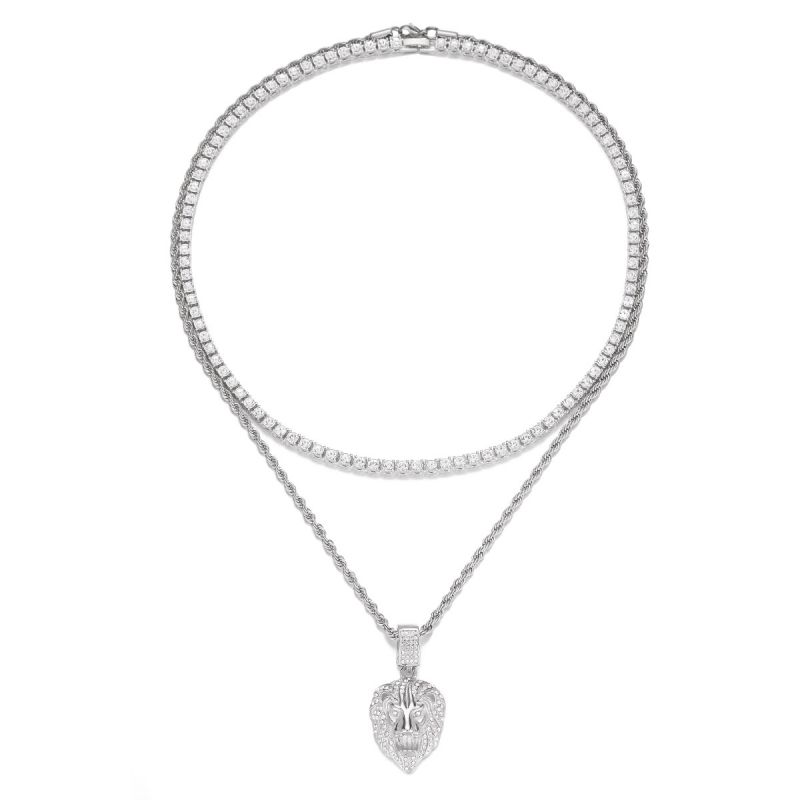 Fashion Lion Necklace Set Silver Geometric Diamond Lion Double Layer Necklace For Men
